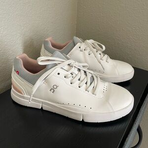 On Running White Sneakers with Light Pink and Gray Accents